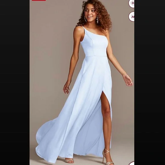 open lace back dress Crepe Back Satin One Shoulder Long Dress in Blue Cloud
